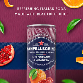 Sanpellegrino Melograno Arancia can being poured into a glass for a bright, refreshing sip.