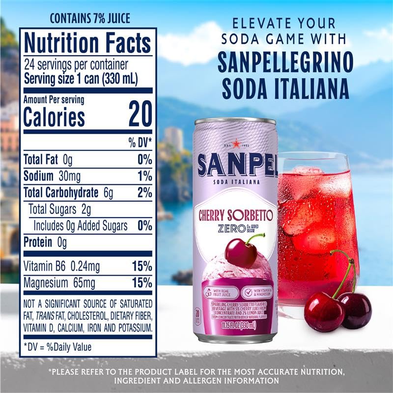 San Pellegrino Cherry Sorbetto closeup of juice and bubbles for sensory appeal.