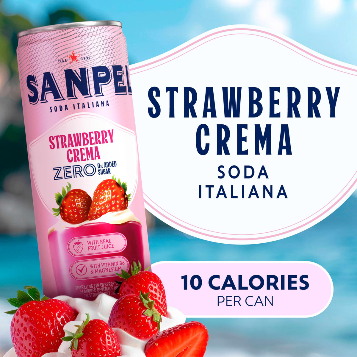 Sanpellegrino Strawberry Crema bottle close-up highlighting vanilla swirl and sparkle, great for entertaining.