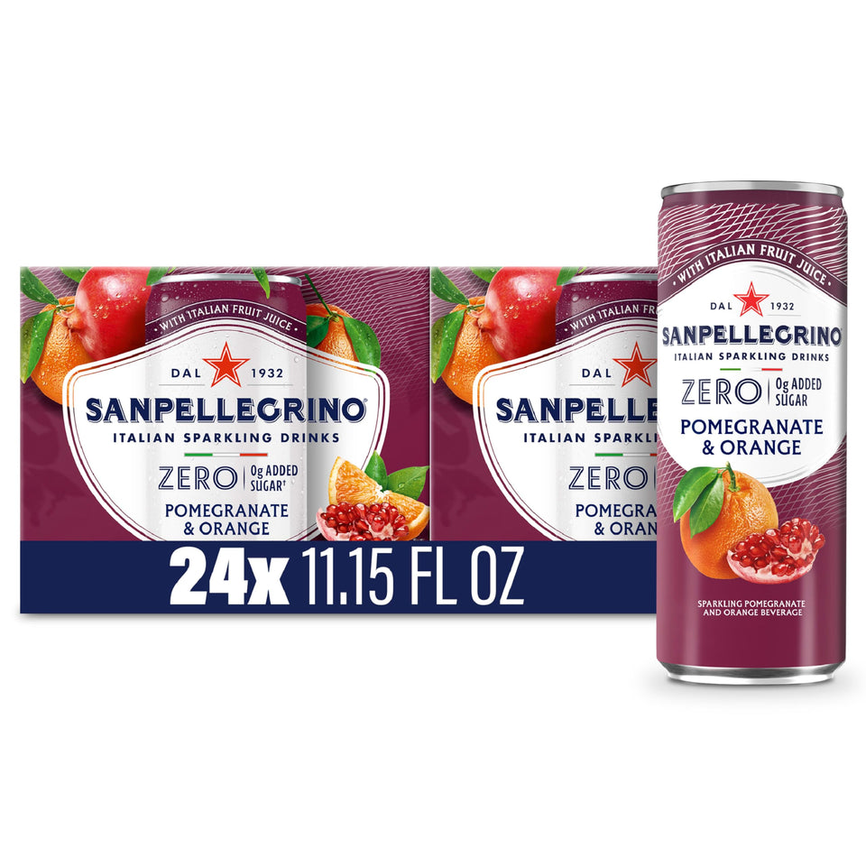Sanpellegrino Zero Added Sugar Pomegranate Orange can on a bright desk, ideal for quick hydration