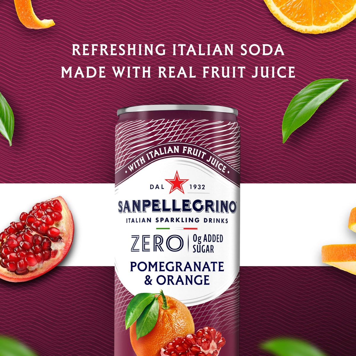 Close-up of Sanpellegrino Zero Added Sugar Pomegranate Orange can, crisp bubbles for a snack break