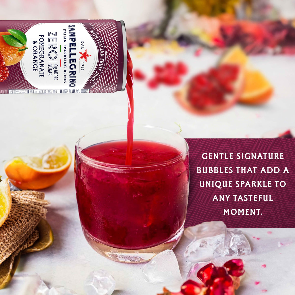 Sanpellegrino Zero Added Sugar Pomegranate Orange can chilling in a cooler for picnics