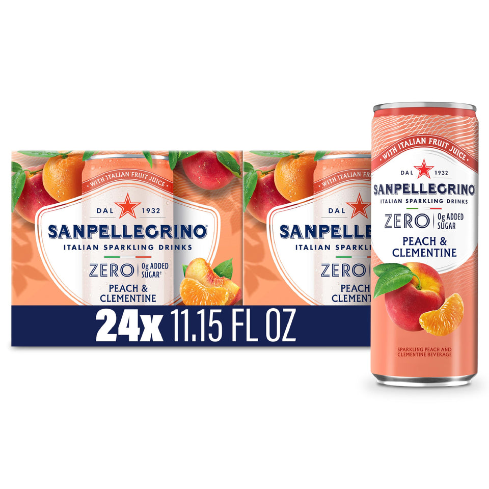 San Pellegrino Zero Grams Added Sugar Peach Clementine can with crisp Italian bubbles for refreshing sips