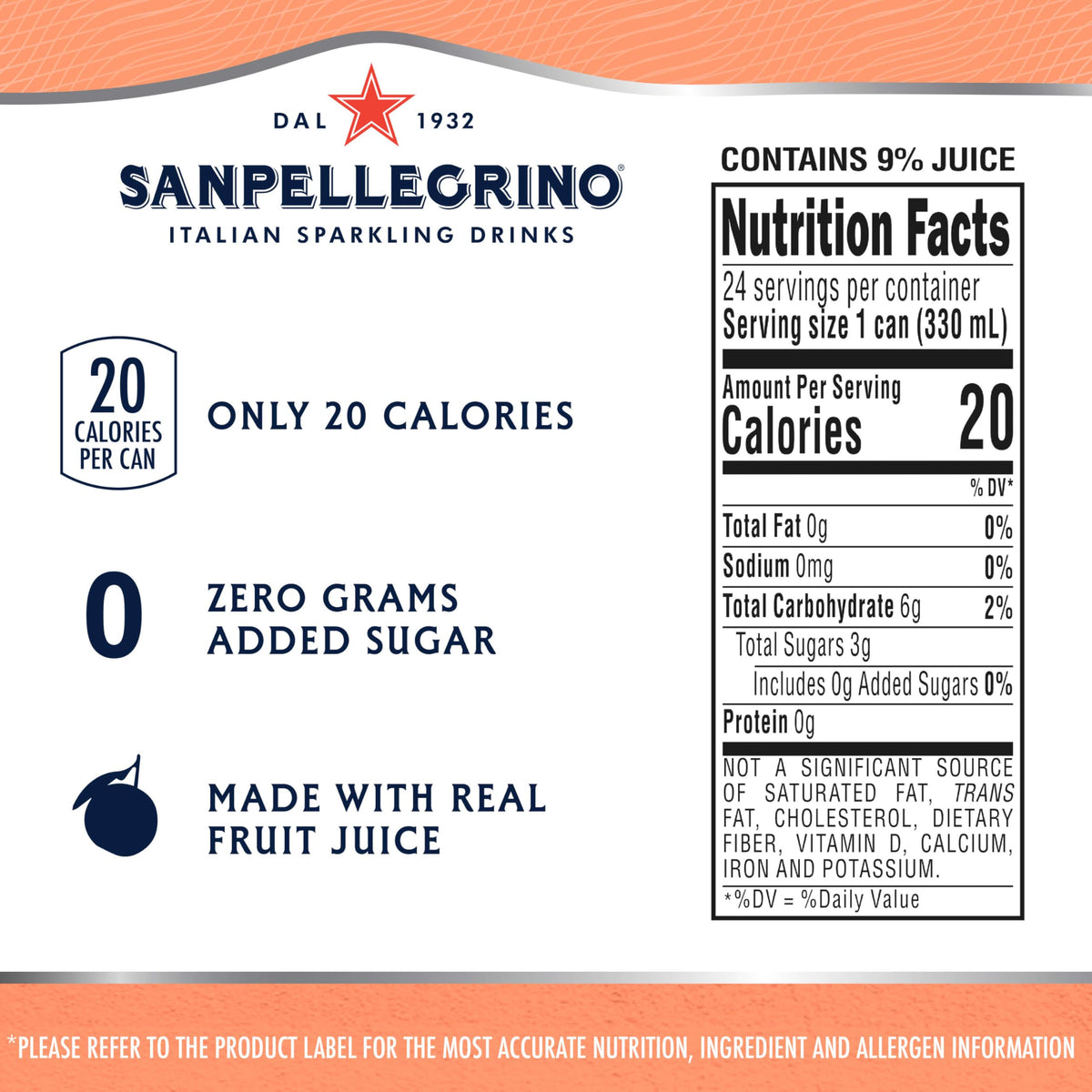 San Pellegrino can close-up showcasing Italian flavors and zero added sugar
