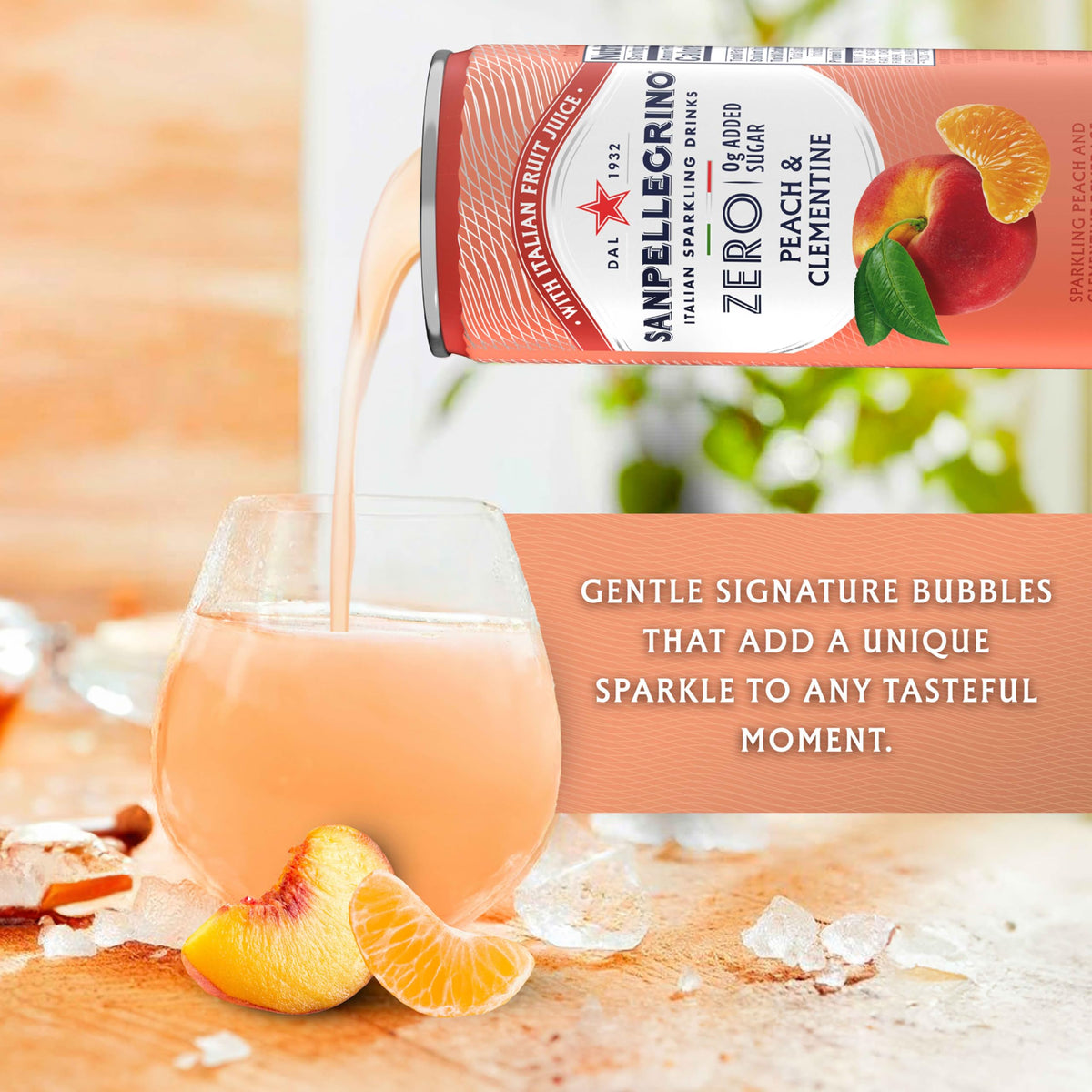 San Pellegrino Peach Clementine pack on countertop, a convenient low-calorie option