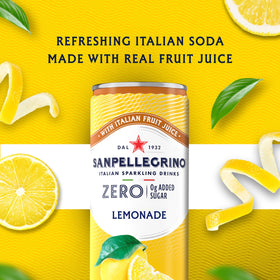 Sanpellegrino Zero Sugar Lemonade cans stack in a 24-pack display