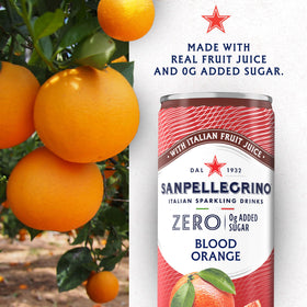 Sanpellegrino Zero Sugar Pomegranate Orange label closeup with bubbles