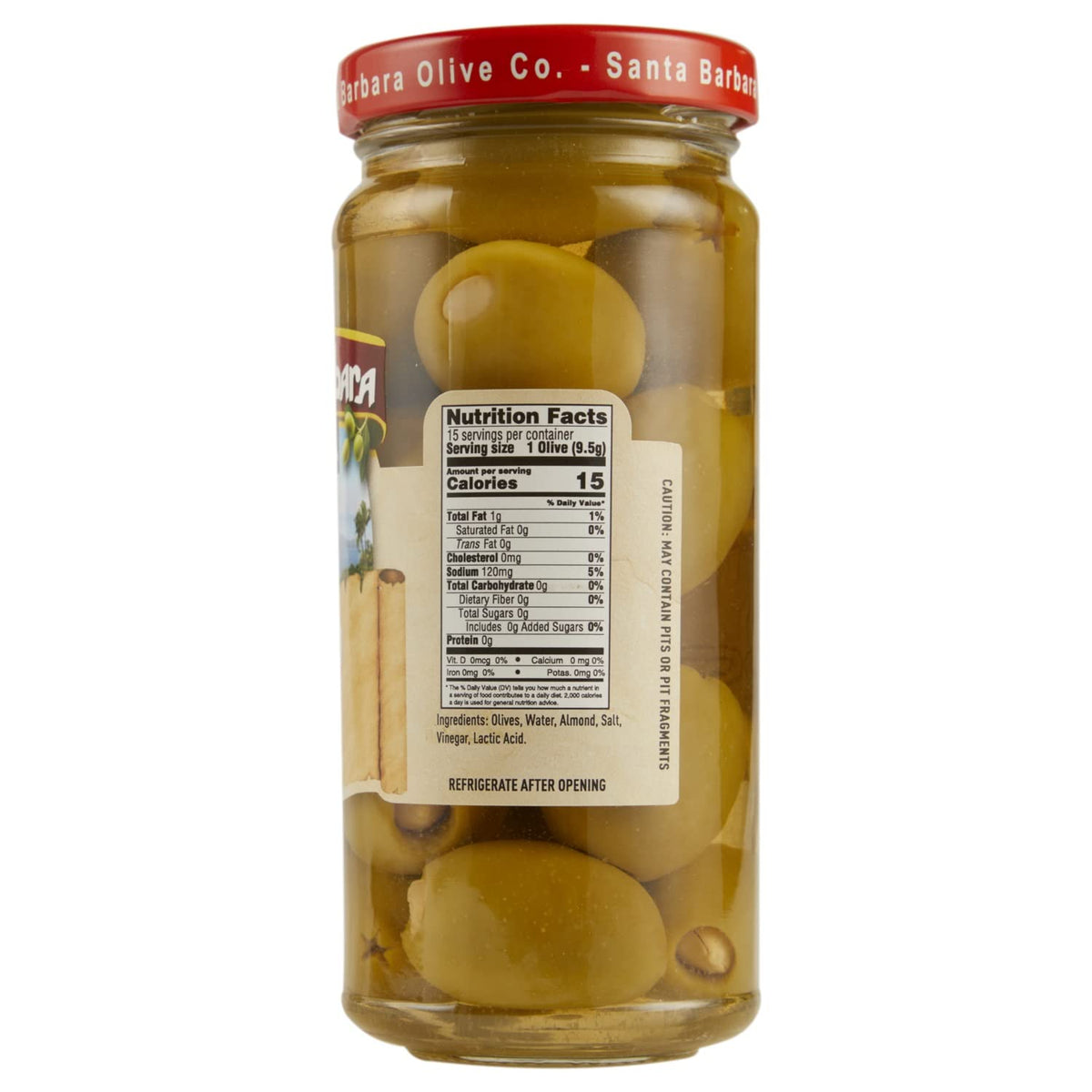 Santa Barbara Olive Co almond-stuffed olives close-up shows crunchy, savory bite