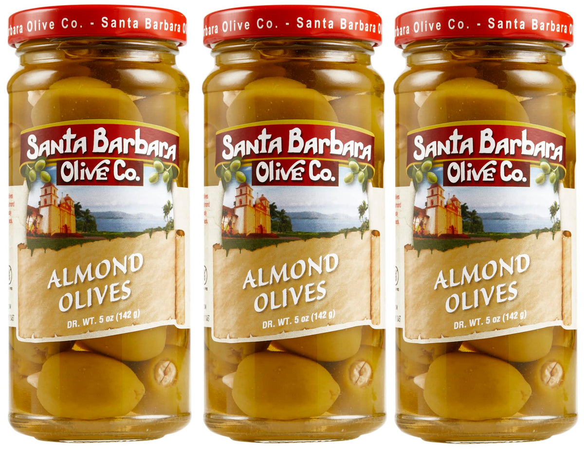 Santa Barbara Olive Co almond-stuffed olives in jar front view for premium snacking