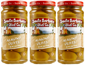 Santa Barbara Olive Co almond-stuffed olives in jar front view for premium snacking