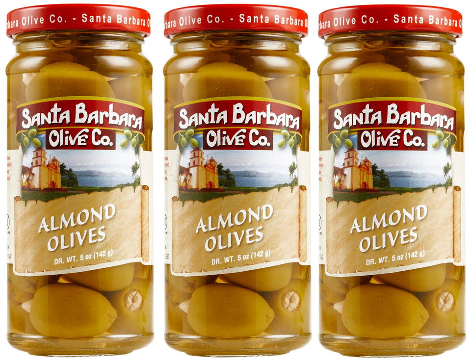 Santa Barbara Olive Co almond-stuffed olives in jar front view for premium snacking
