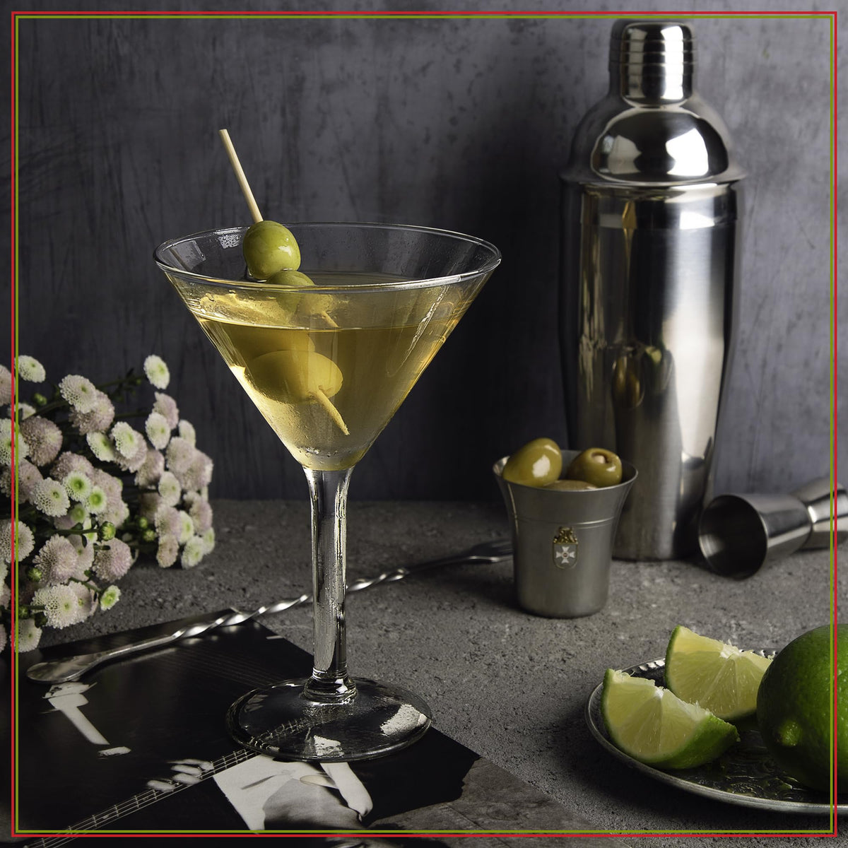 Finished dirty martini served with Santa Barbara Olive Co mix and stuffed olives