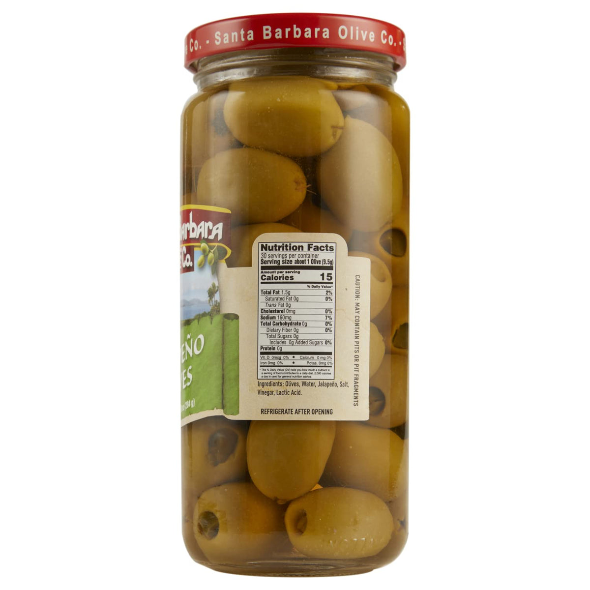 Close-up of jalapeño stuffed olives from Santa Barbara Olive Co with label