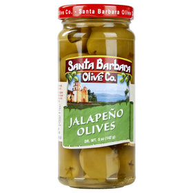 Open jar of Santa Barbara Olive Co jalapeño stuffed olives showing hand-stuffed filling