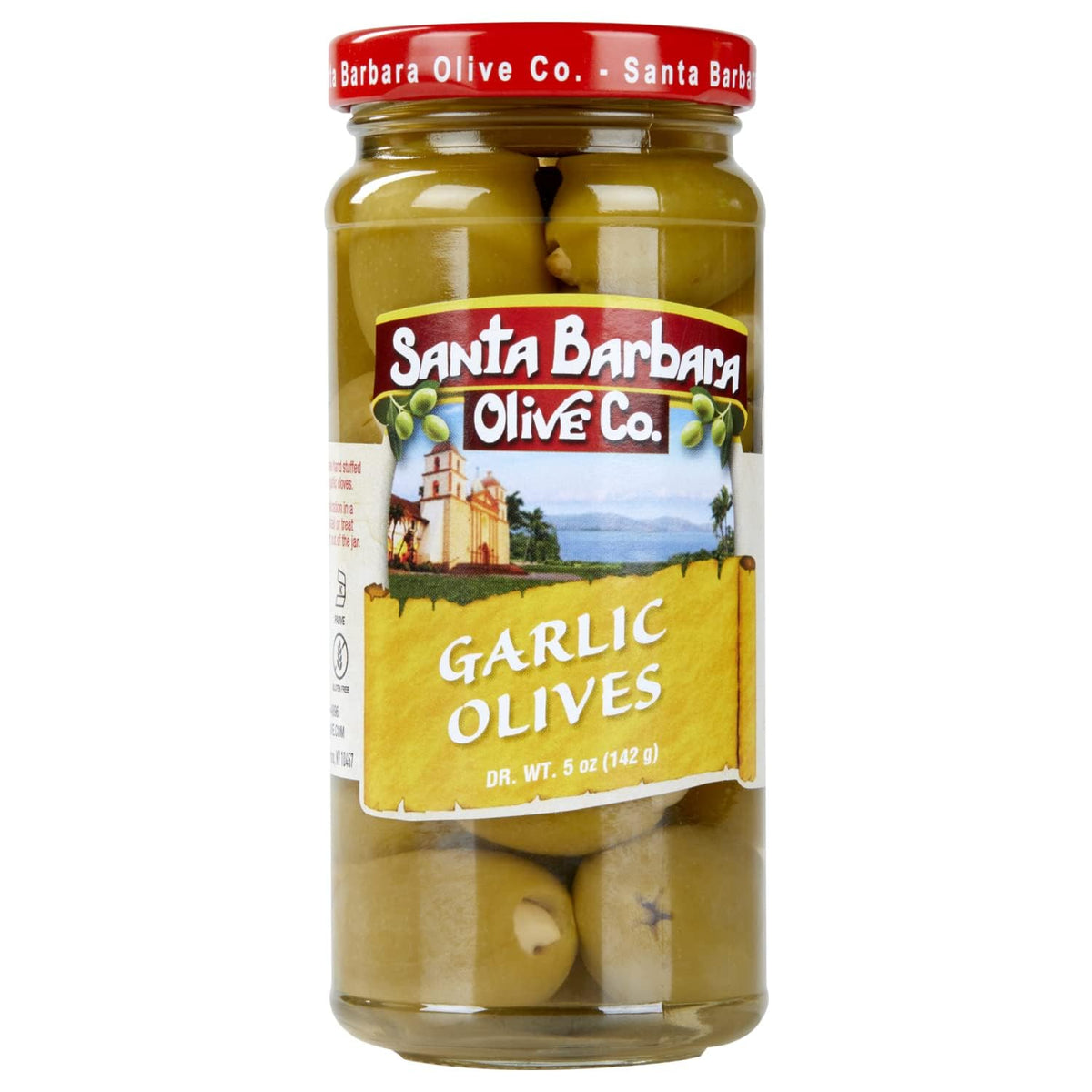 Santa Barbara Olive Co meaty green olive with crunchy garlic detail.