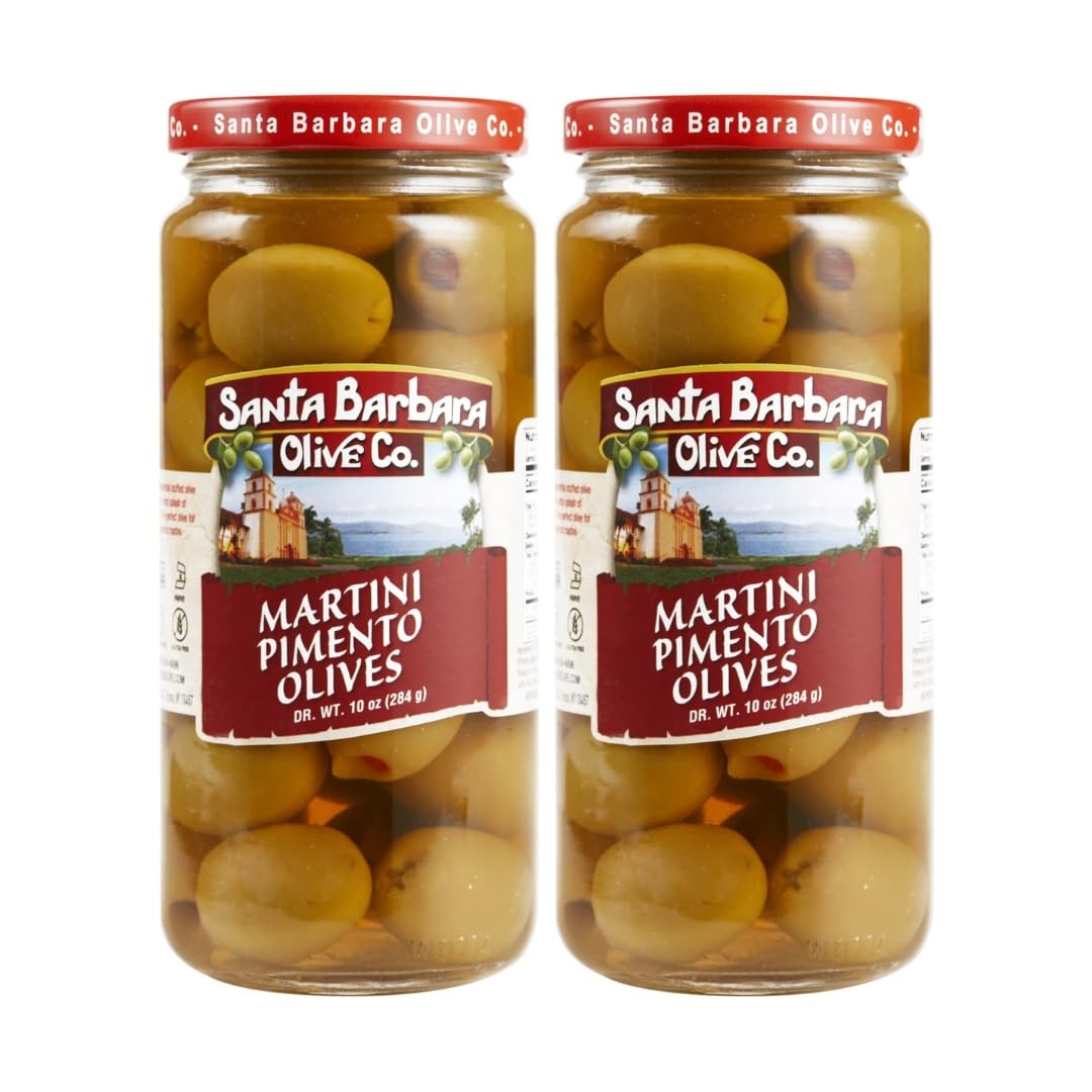 Santa Barbara Olive Co Pimento Martini Olives front label, great for martini garnishes.