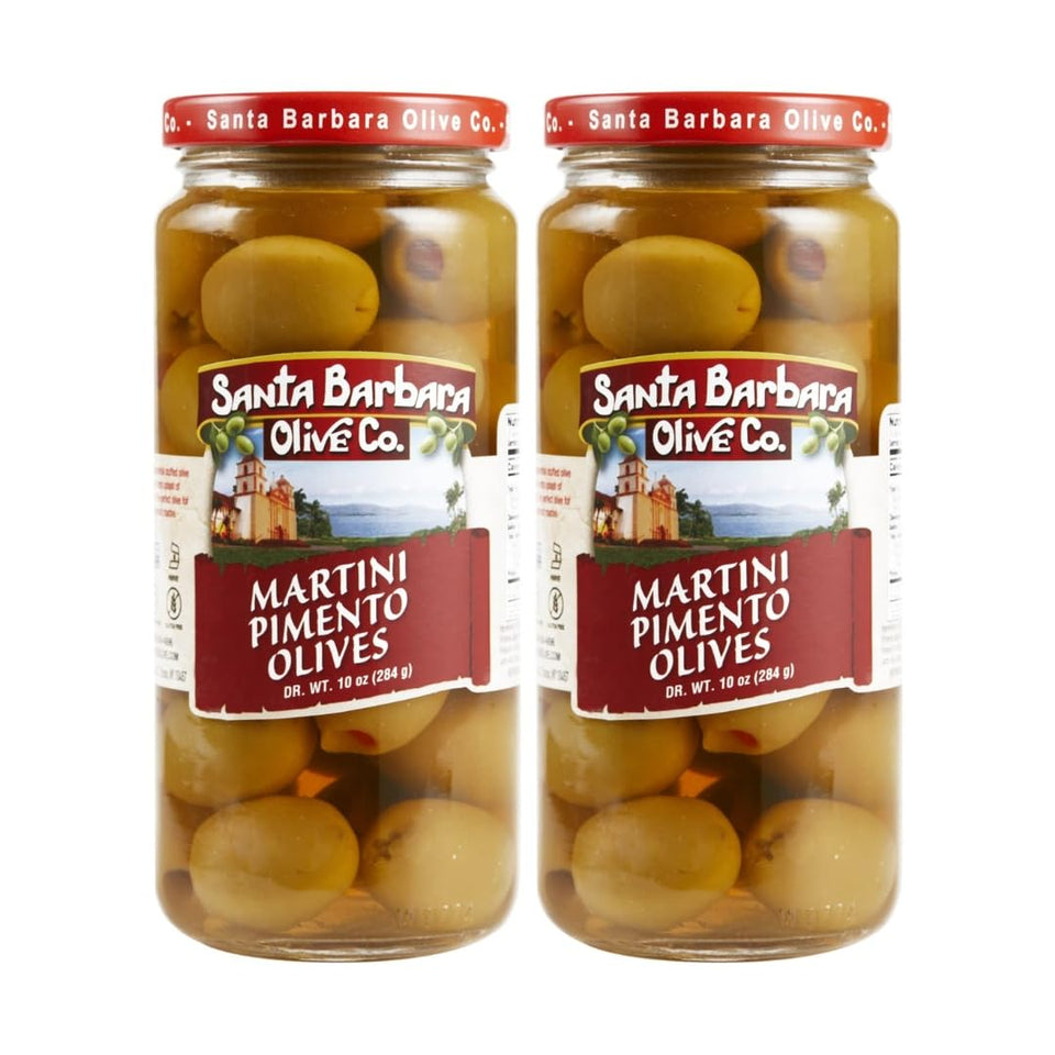 Santa Barbara Olive Co Pimento Martini Olives front label, great for martini garnishes.