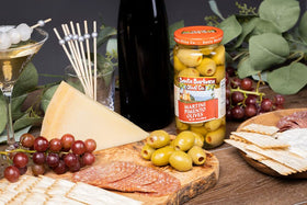 Santa Barbara Olive Co Pimento Martini Olives jar detail emphasizing quality and harvest care.