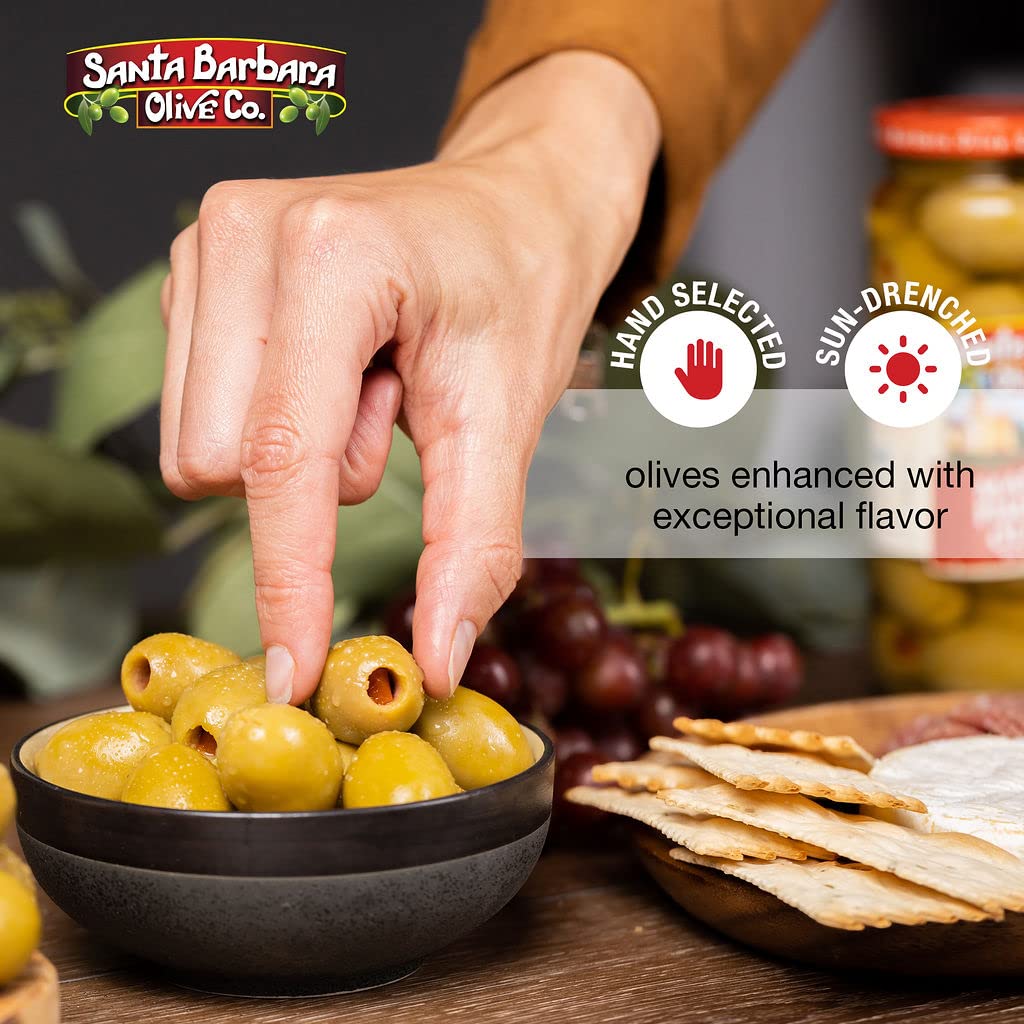 Pizza topping olives from Santa Barbara Olive Co for flavorful finishing touch.