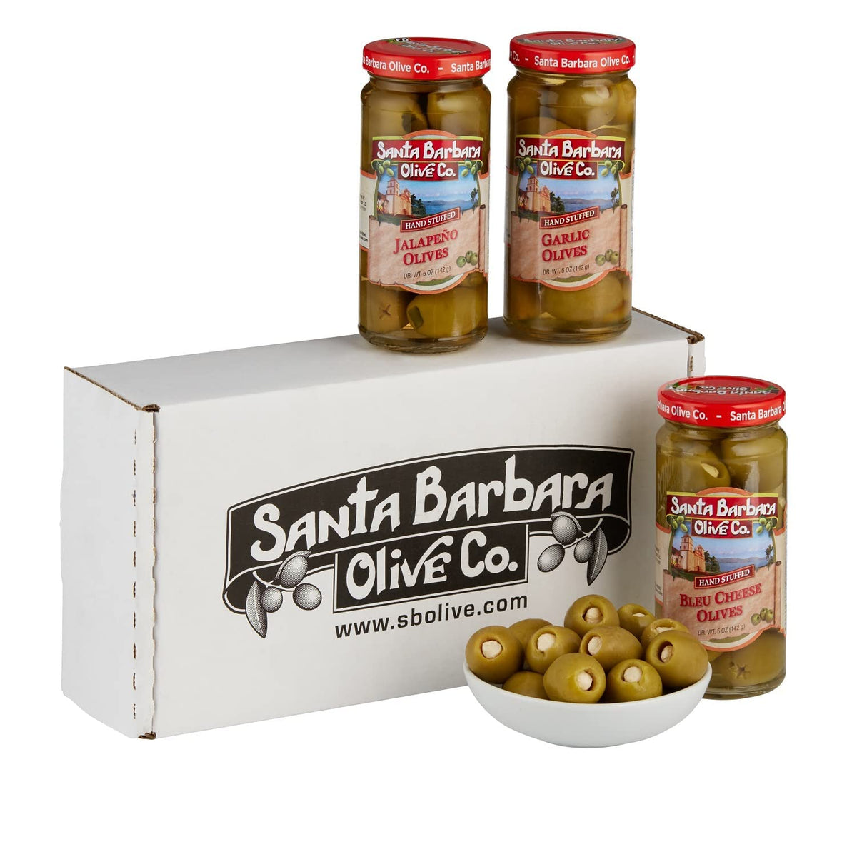Santa Barbara Olive Co three-pack display showcases the gourmet olives