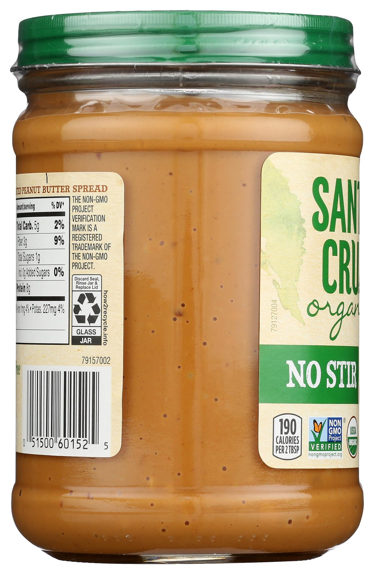 Spoon close-up of Santa Cruz Organic peanut butter showing crunchy bits