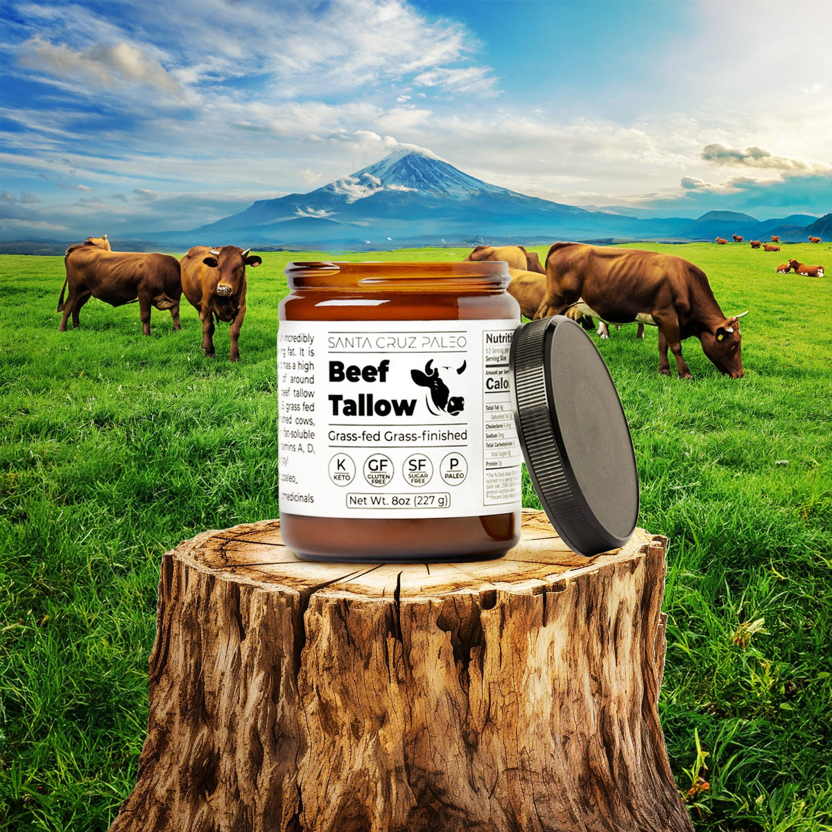 Santa Cruz Paleo beef tallow bottle for frying and sautéing.