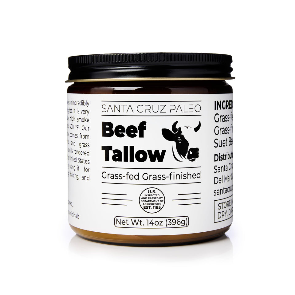 Santa Cruz Paleo beef tallow for skin care and cooking, rich in vitamins and fatty acids.