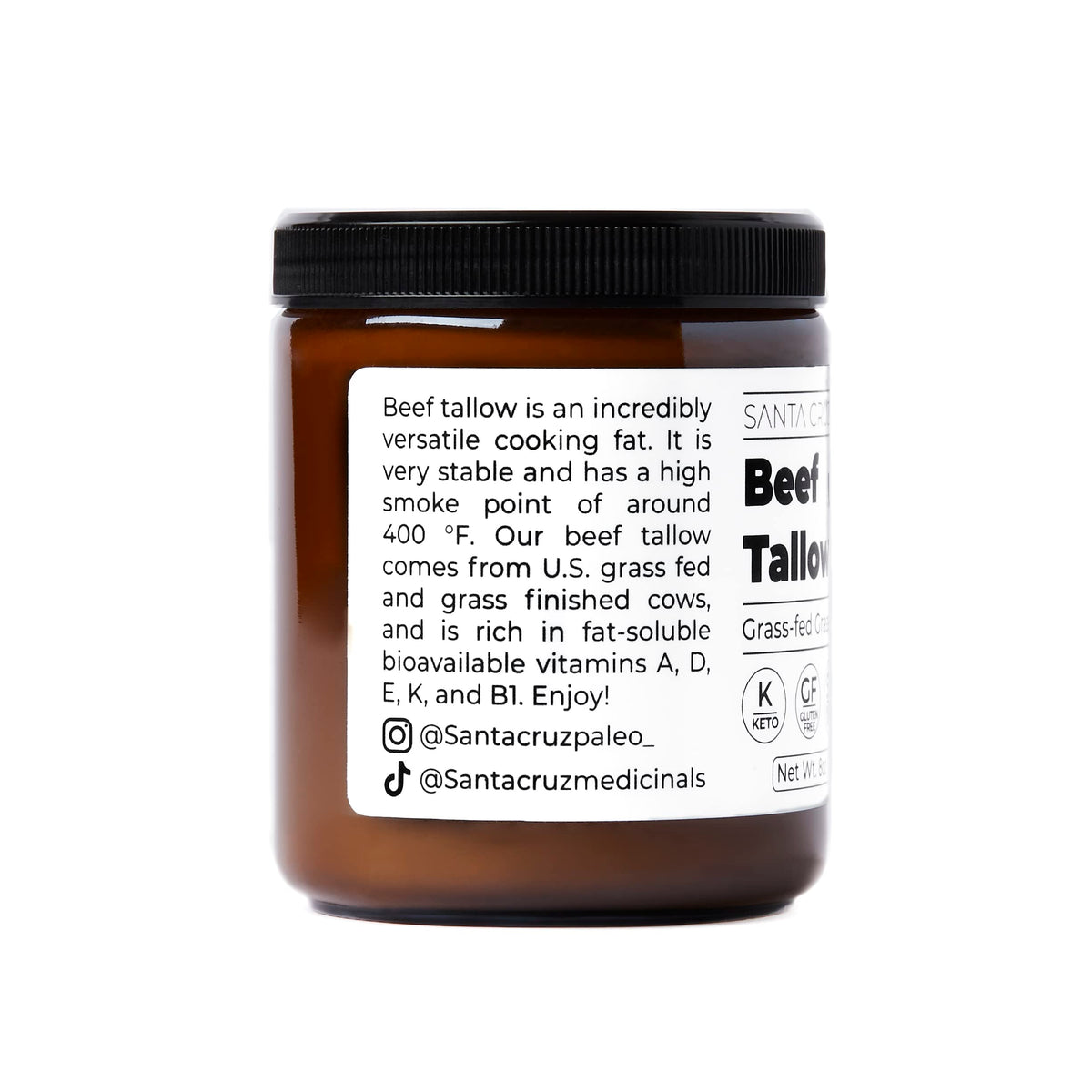 Santa Cruz Paleo grass-fed beef tallow emphasizes sourcing and purity.