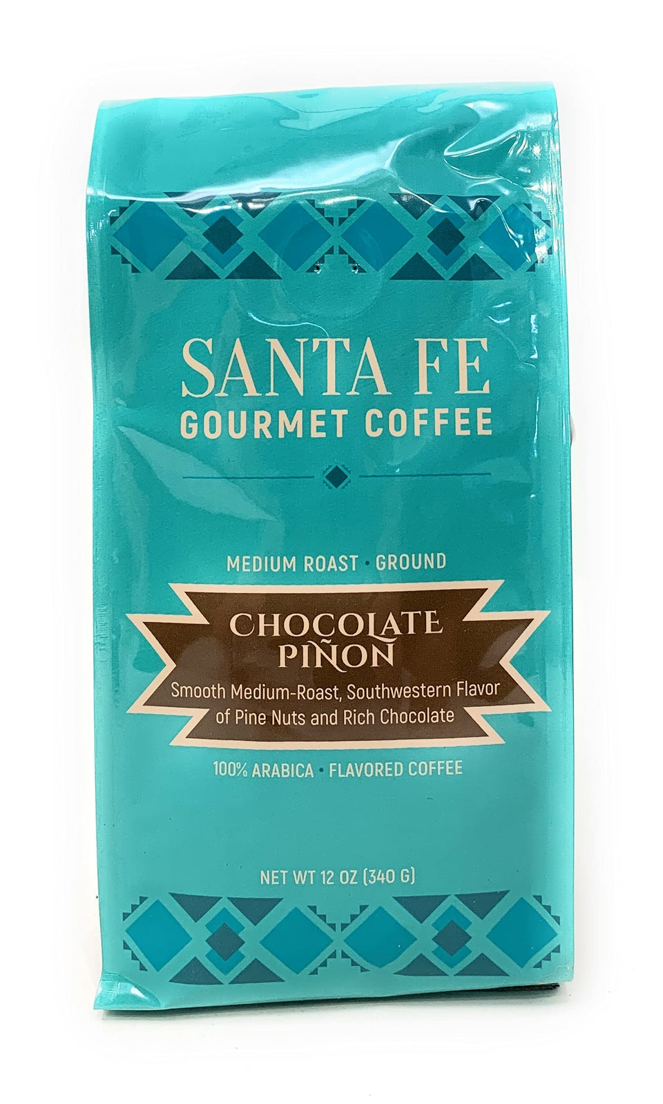 Santa Fe Gourmet Coffee Chocolate Pinon Ground 12oz bag ready to brew with a warm, nutty aroma.