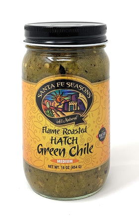 Santa Fe Seasons flame-roasted Hatch green chile jar 16oz ideal for sauces and ready-to-eat meals