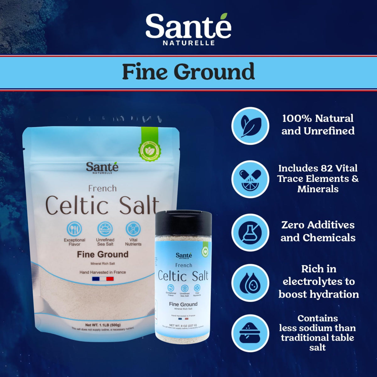 Sante Naturelle Celtic Salt 18oz bag in kitchen, versatile finishing salt.