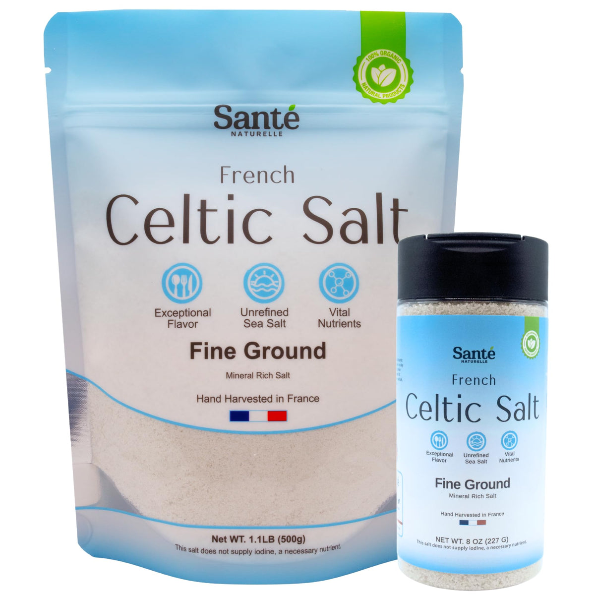 Sante Naturelle Celtic Salt 8oz shaker for everyday cooking with mineral-rich flavor.