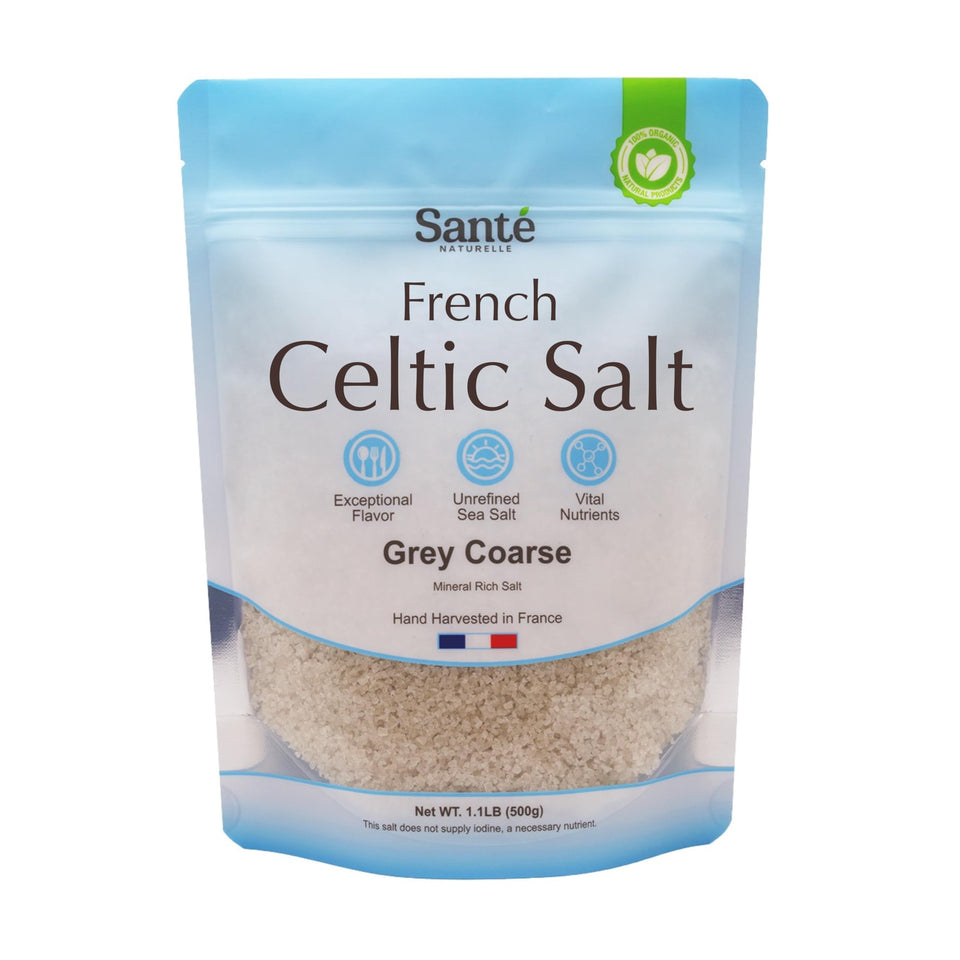 Sante Naturelle Celtic Salt Grey Coarse bottle shows mineral rich seasoning for everyday meals