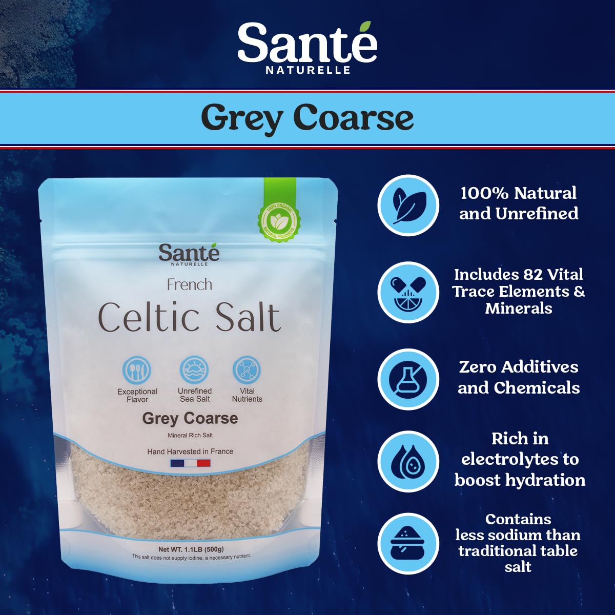 Sante Naturelle Celtic Salt Grey Coarse kitchen drawer suggests versatile finishing and gentle flavor