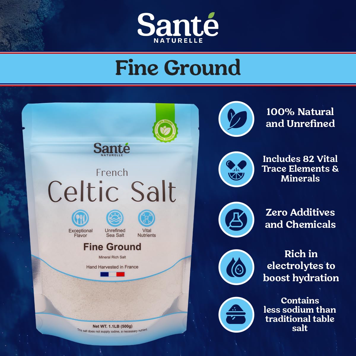 Sante Naturelle Celtic Salt hand-harvested in traditional marsh methods, preserving artisanal quality.