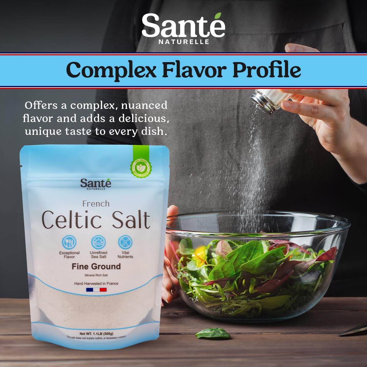 Sante Naturelle Celtic Salt being scooped, ready to season meals with mineral richness.