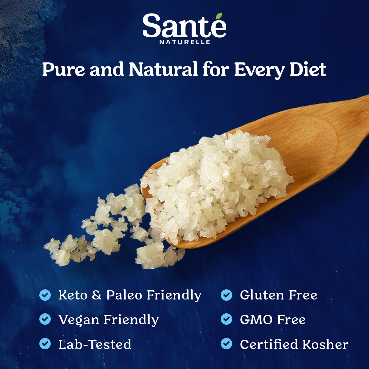 Sante Naturelle coarse sea salt granules on a kitchen counter