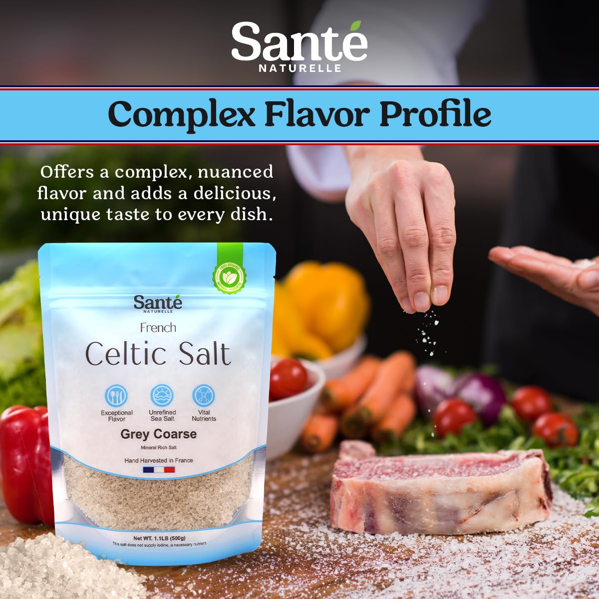 Sante Naturelle hand-harvested French sea salt pouring over prepared dish