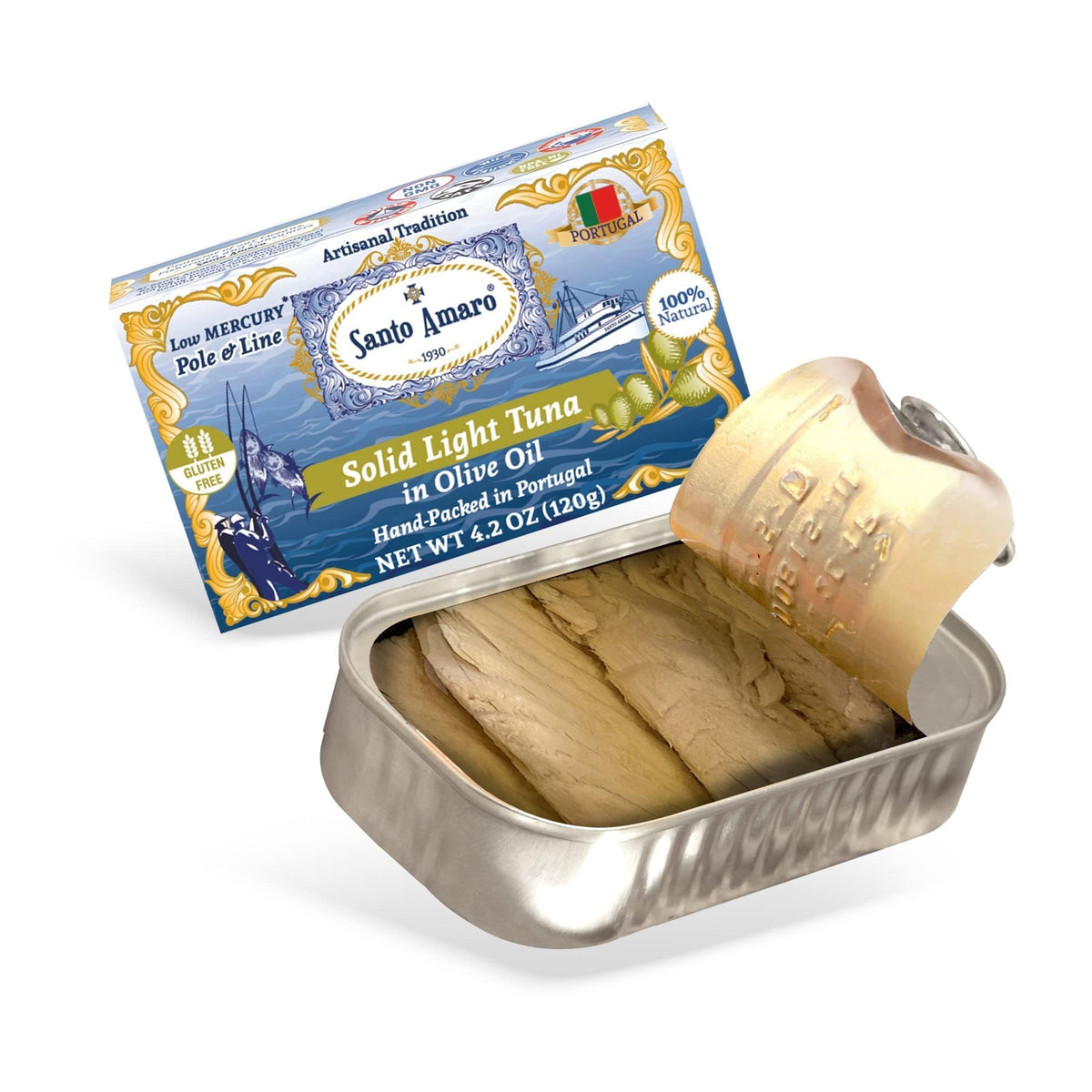 Santo Amaro artisanal wild tuna in olive oil can on shelf with rich flavor profile