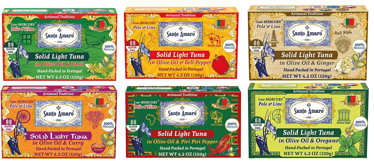 Santo Amaro Discoverer tuna can in olive oil, hand-packed in Portugal, six gourmet flavors.