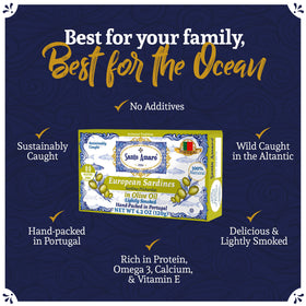 Santo Amaro lightly smoked sardines in olive oil, showcasing delicate, versatile flavor.