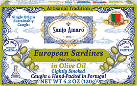 Santo Amaro sardines in olive oil can, premium ocean-forward flavor for quick meals.