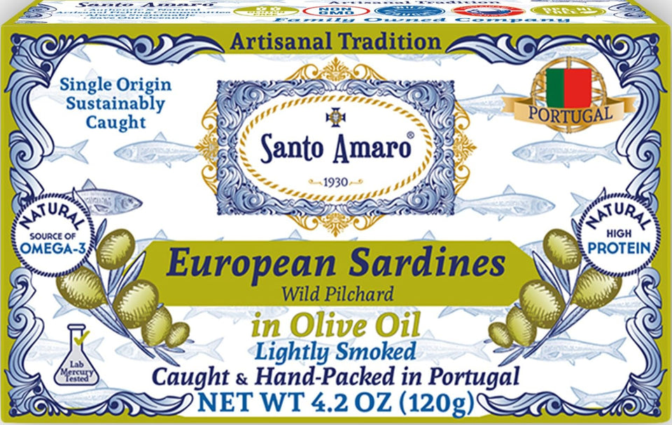 Santo Amaro sardines in olive oil can, premium ocean-forward flavor for quick meals.