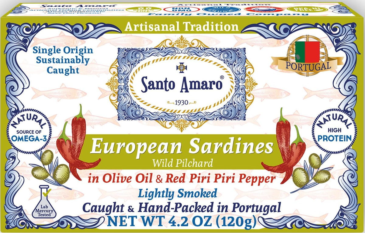 Santo Amaro sardines in olive oil with red piri piri, bold flavor for snacks