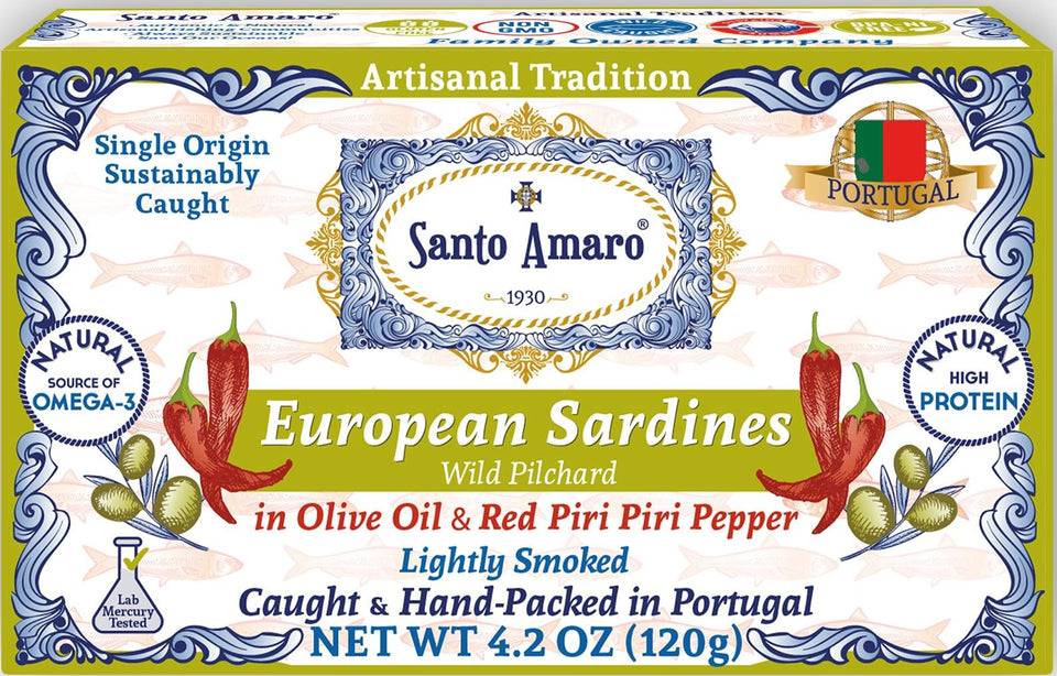 Santo Amaro sardines in olive oil with red piri piri, bold flavor for snacks