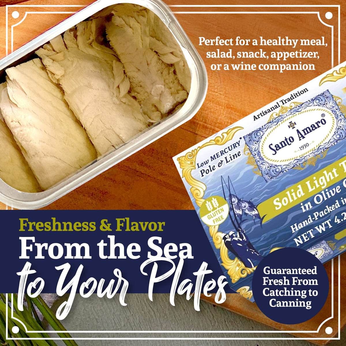 Santo Amaro tuna canned in olive oil served on plate for elegant salads