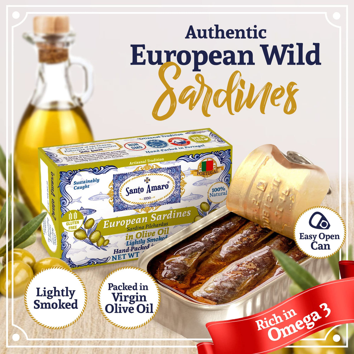 Santo Amaro wild-caught sardines on plate highlighting protein-rich seafood for salads.
