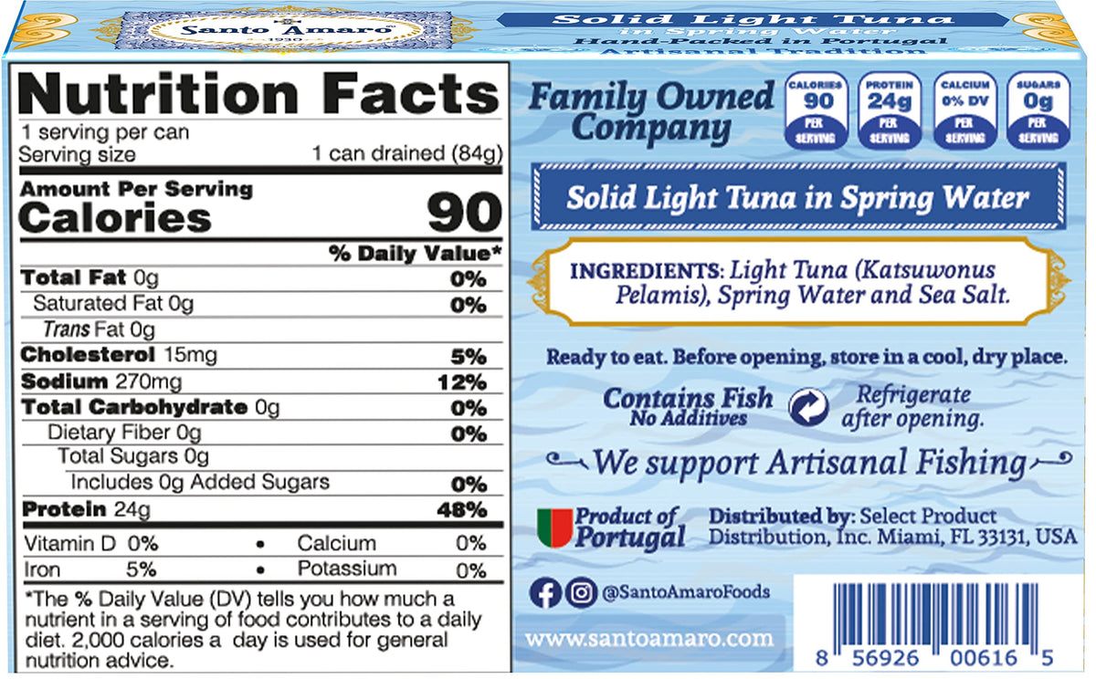Santo Amaro wild skipjack tuna, hand packed in Portugal, low mercury.