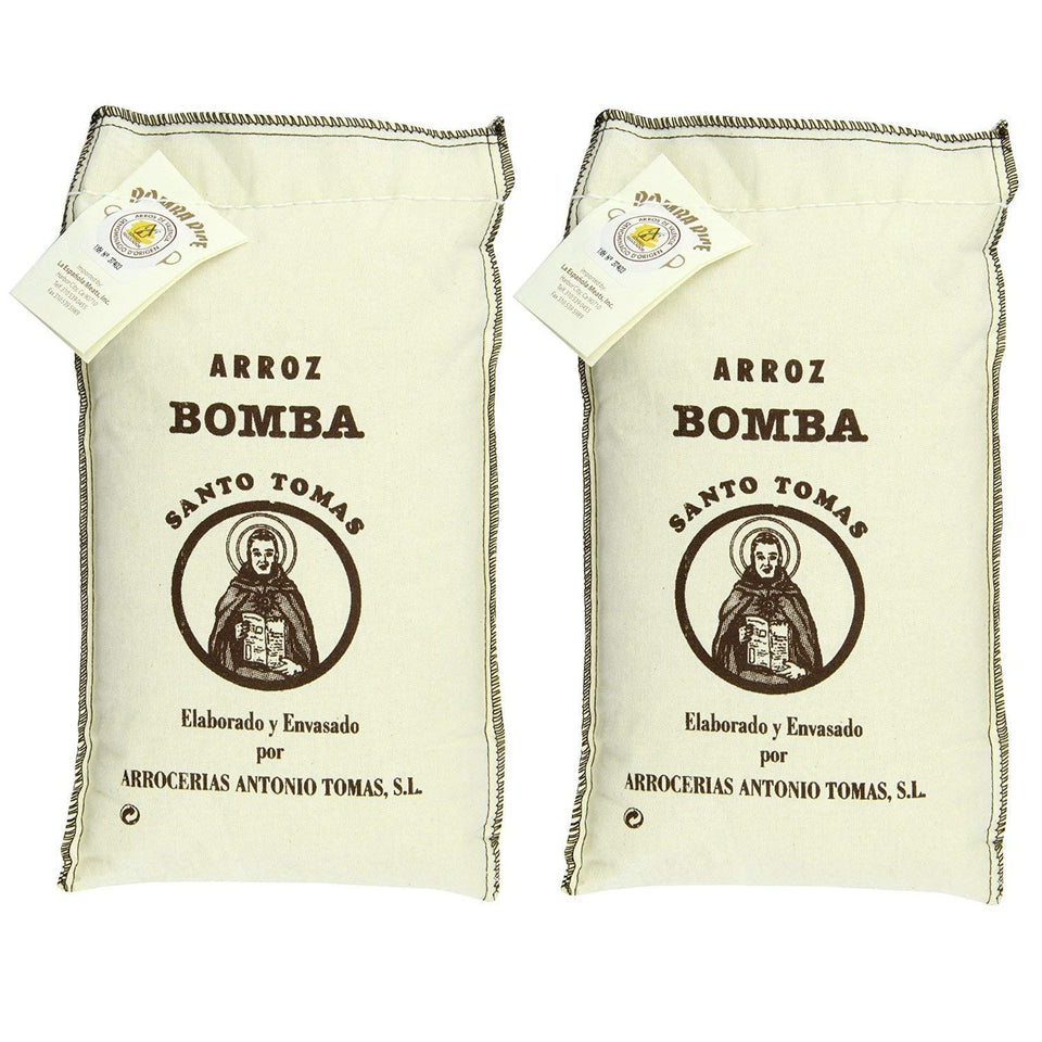 Santo Tomas Bomba Rice burlap sack packaging ideal for authentic paella preparation.
