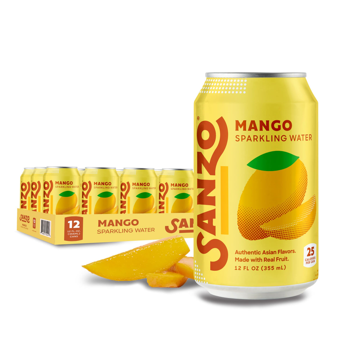 Sanzo Mango Sparkling Water bottle pouring, a refreshing vegan-friendly hydration option.